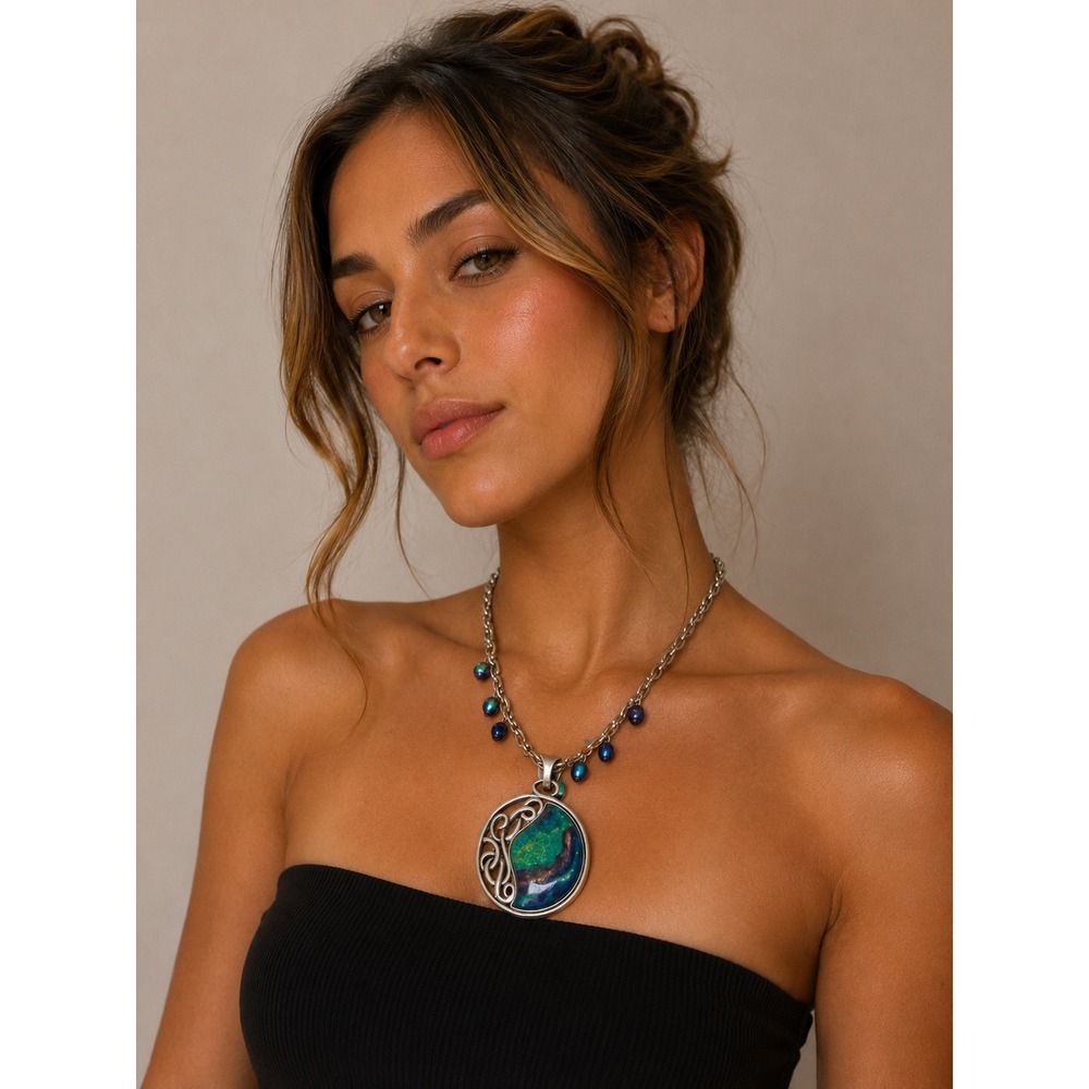 Vintage Chico's Blue Green Art Glass Pendant Necklace Silver Tone Adjustable